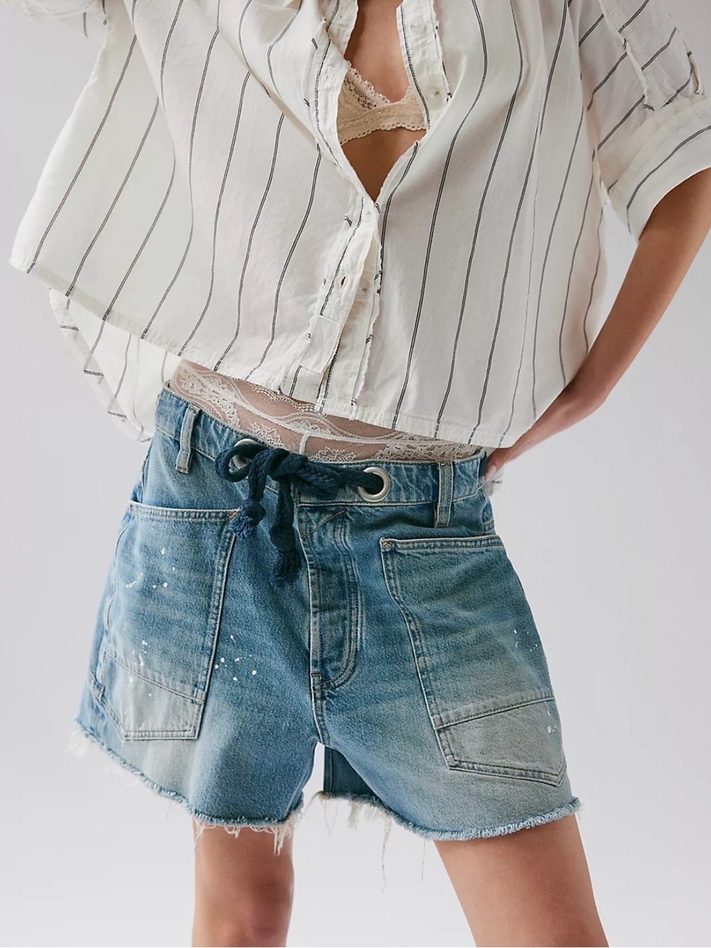 We The Free Distressed Denim Drawstring Shorts - Blue